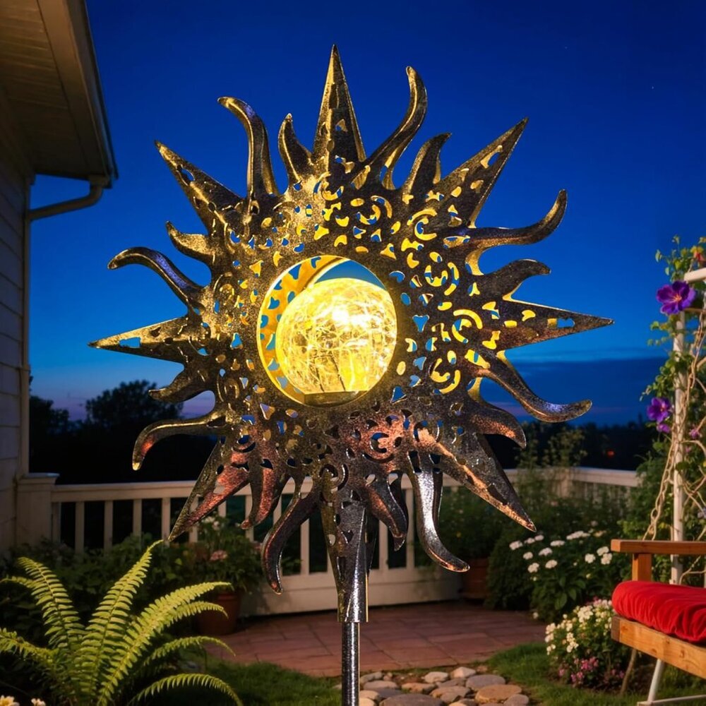 Large Sun Solar Garden Decor Lights Outdoor Garden Gifts Mom Dad, Crackle Glass